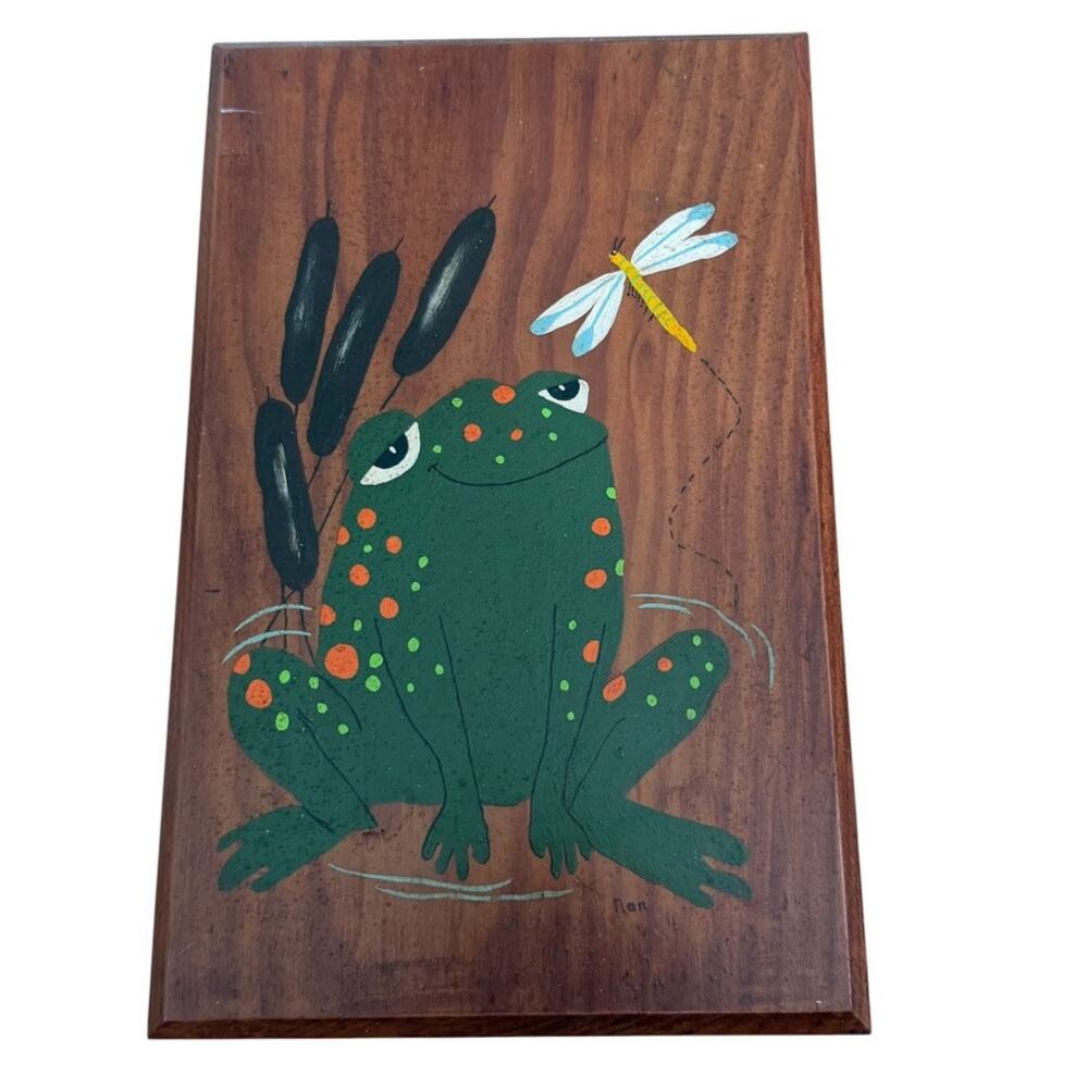 Handpainted Frog Dragonfly Cattail Wooden Whimsy Plaque Art 70s Retro By Nan